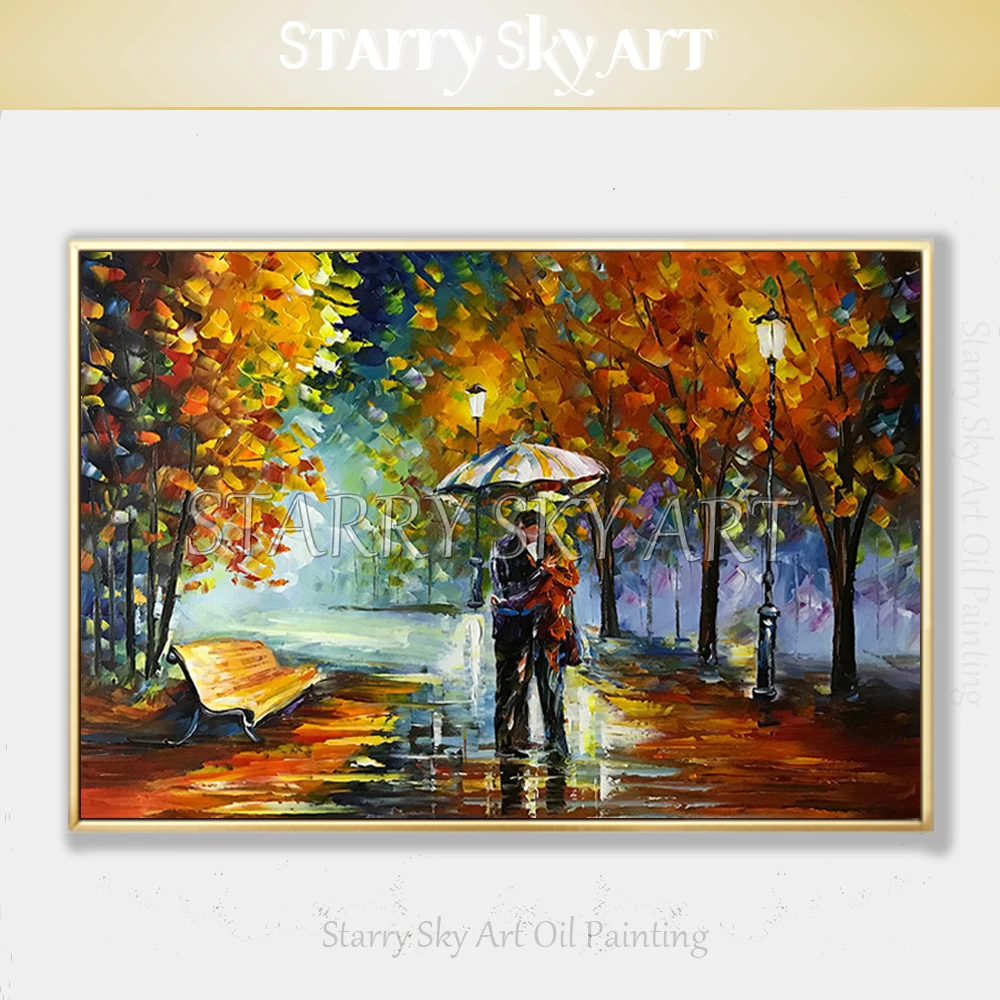Hand-painted Lover Under Umbrella Knife Acrylic Painting Beautiful Stay at Dark Lighting Street | Дом и сад