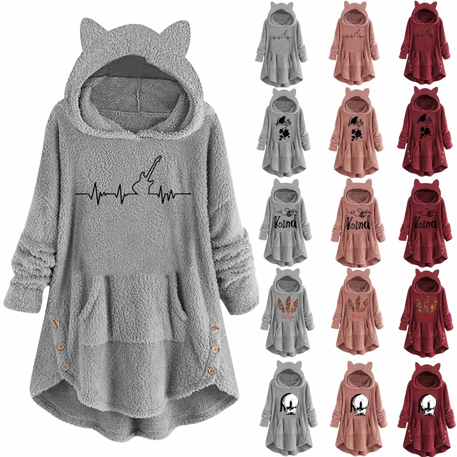 Women Hoodies Oversized Coat Sweatshirt Fashion Winter Warm Hoodies Patchwork Printed Plush Hooded Coat Tops худи pull свитшот 1