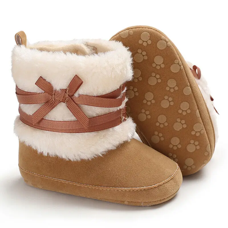 Брендовая детская зимняя обувь унисекс ботинки для новорожденных мальчиков и девочек теплые зимние ботинки на меху с бантом для малышей 0-18 месяцев - Цвет: Коричневый