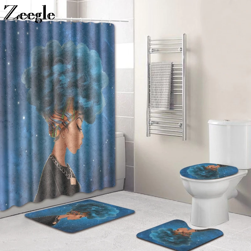 Zeegle Bath Mat Set Absorbent Toilet Pedestal Rug Flannel Soft Foot Mat Waterproof Bathroom Curtain Washable 4pcs Toilet Set