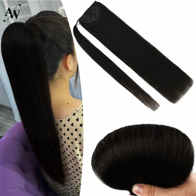 AW 12''-24'' Ponytail Human Hair Wrap Around Machine Remy Hair Extensions Brazilian Hair Extensions Clip Ins Blonde Brown Color #2