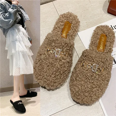 

Online Celebrity Fur Slipper Women's Autumn And Winter New Style Flat Slip-on Lazy Slipper Outer Wear Closed-toe Lambs Wool Slip