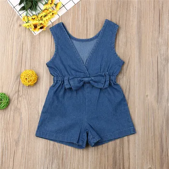

Kid Denim Rompers Solid Blue Baby Girls Newborn Clothes Cotton Romper Bow Jumpsuit Summer Outfits Set