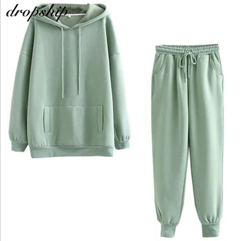 

Dropship 2020 Autumn Winter Women Thick Fleece Suit 2 Pieces Sets Hoodies Sweatshirt And Pants Suits