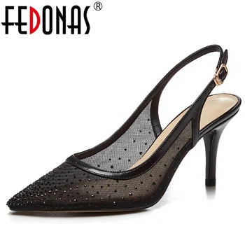 

FEDONAS Fashion Elegant Women Wedding Party Prom Pumps Rhinestone Mesh Thin Heel Pointed Toe Slingbacks Shallow Shoes Woman
