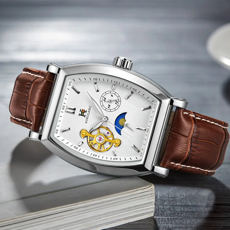 AOKULASIC для мужчин s Новая мода кожаный ремешок Малый 24 часа дисплей Tonneau Moonphase Tourbillon автоматические часы для мужчин спортивные часы