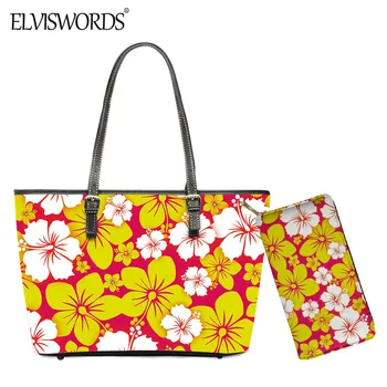 

ELVISWORDS Beautiful Polynesian Flowers Pattern Women PU Handbag and Purse Durable Leather Bag Hawaiian Tote for Teen Girls