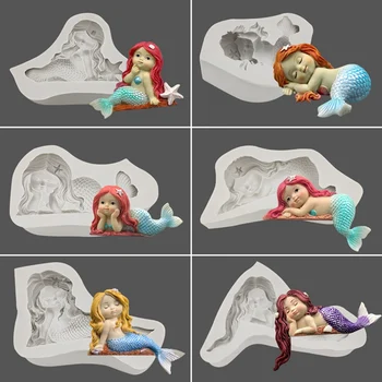 

Hot 3d Cartoon Mermaid Girl Fondant Silicone Decoration Mold DIY Cake Decorating Tools Baking Mould 2020