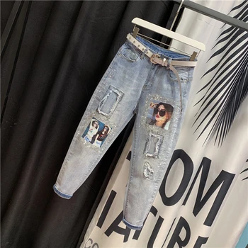 

Plus Size Womens Fashion Jeans Female 2020 Summer High Waist Loose Harem Pants Hole Stickers Hot Drill Denim Pants Jean Lady