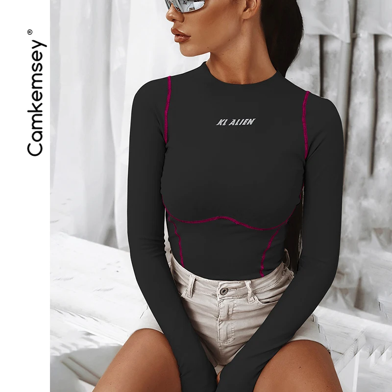 

CamKemsey Women Workout Fitness Skinny Bodysuits Spring Autumn Long Sleeve Letters Print Reflective Stripe One Piece Romper Tops