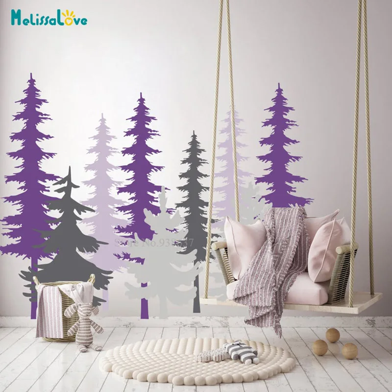 

9 trees Woodland Adventure Forest Pine Tree Nature Nursery Wall Decor Baby Room Vinyl Sticker Wallpaper BA531