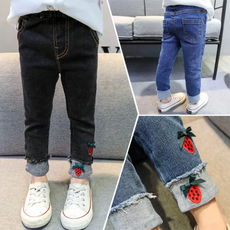 Girls' Trousers Autumn Medium-small Girls Strawberry Crimping Jeans Female Baby Autumn Clothing Korean-style Trousers