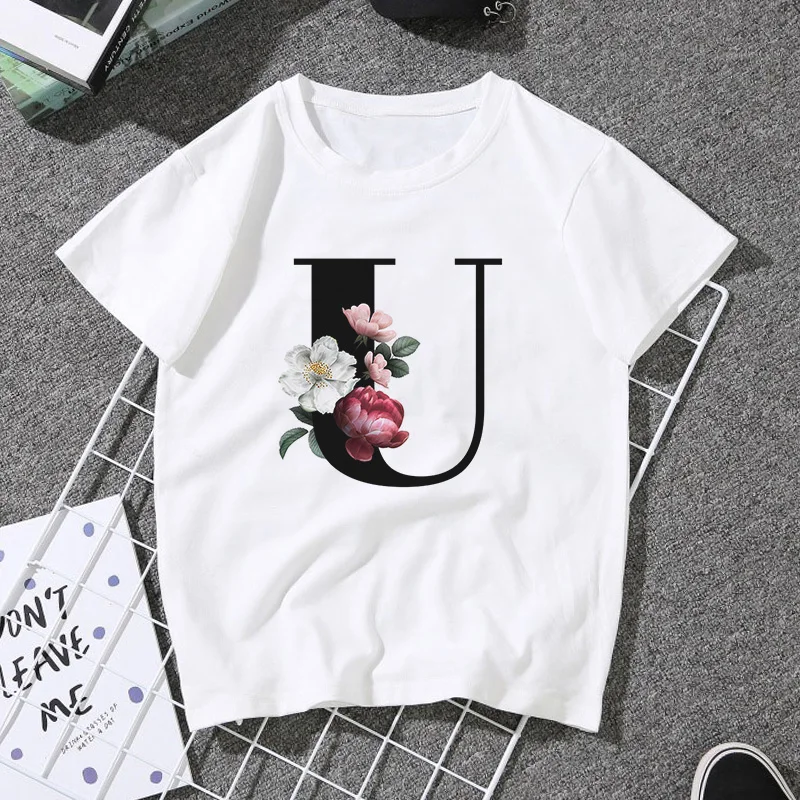 A B C D E English Alphabet Print T Shirt Women 2020 New Summer Couples Lovers Female T-Shirt Harajuku Casual White Tops Tshirt