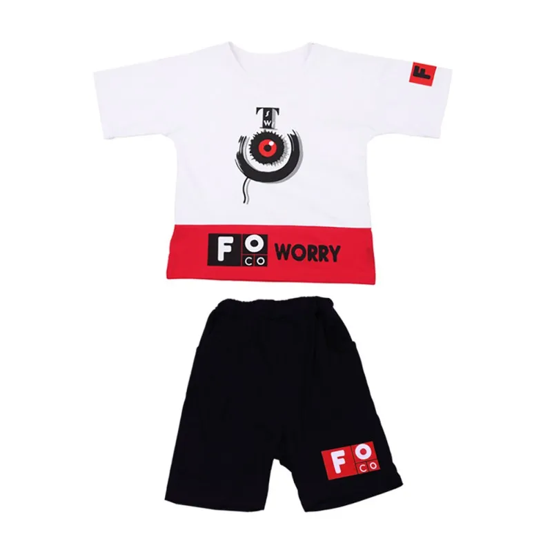 

Fashion Children Clothes for Boys Summer Short Sleeve T-Shirt Round Collar Casual Tops+Loose Tide Hip-Hop Print Shorts