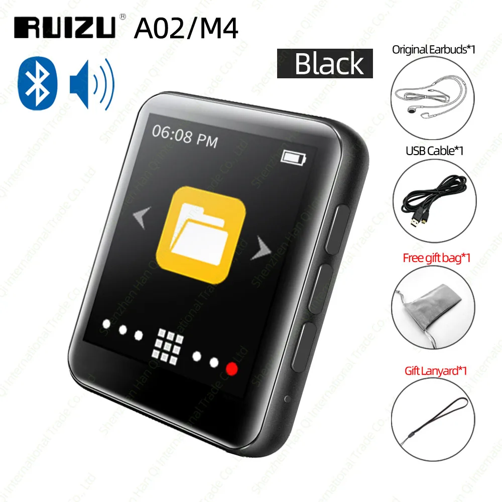 RUIZU A02 M4 Bluetooth 4,0 MP4 MP3 плеер с полным сенсорным экраном портативный музыкальный плеер с динамиком FM Электронная книга рекордер шагомер - Цвет: Black With Bluetooth