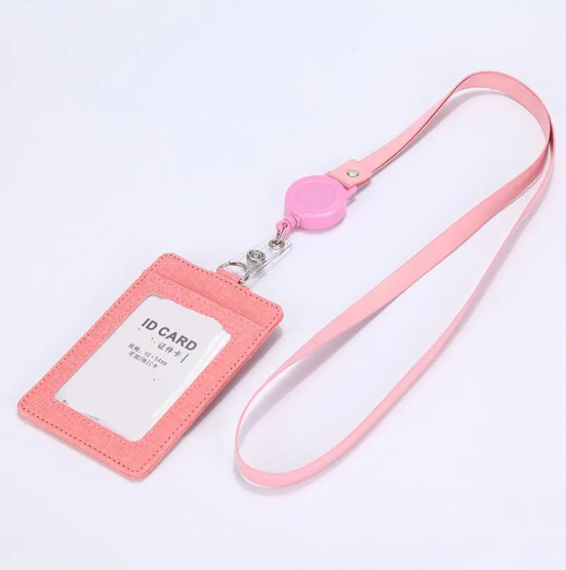 PU Leather ID Badge Holder with Retractable Lanyard,3 Card Slots - Цвет: pink