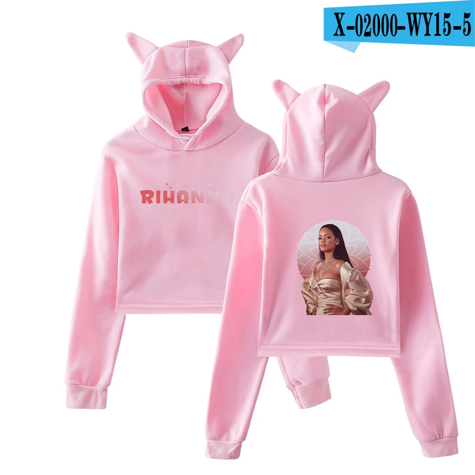 Рубашка Rihanna женские толстовки с капюшоном с длинным рукавом в стиле пэчворк, с кошачьими ушками, с капюшоном, милые укороченные топы для девочек, свитшоты женские осенние - Цвет: pink