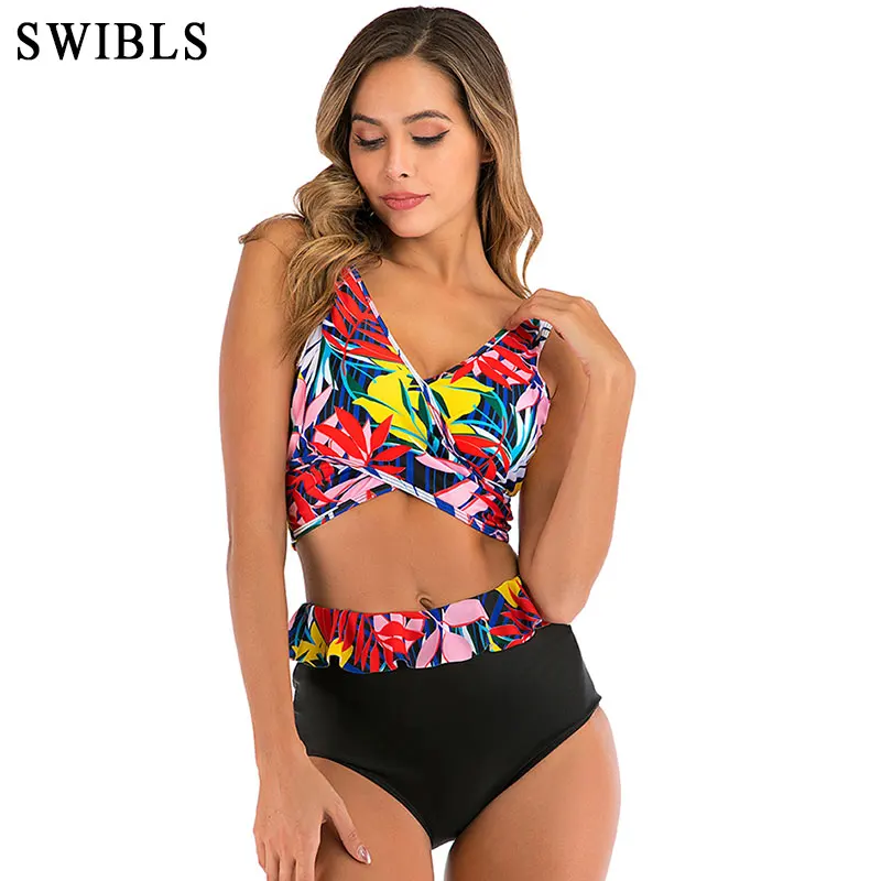 Женский купальник с высокой талией винтажный большого размера цветочным принтом