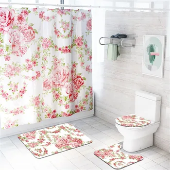 

Flowers Printed Mildewproof Shower Curtain Waterproof Polyester Butterfly Curtain Bathroom Curtain with Hooks Home Decoration