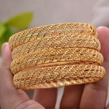 

ANNAYOYO 4Pcs/lot Ethiopian Africa Gold Color Bangles for Women Flower Bride Bracelet African Wedding Jewelry Middle East Items