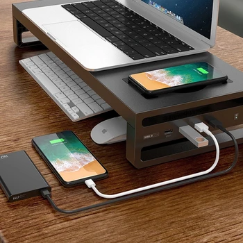 모니터 무선 충전기 베이스 홀더, USB 3.0 4 포트 충전기 스탠드, 알루미늄 합금 컴퓨터 노트북 베이스 스탠드, 멀티 브래킷