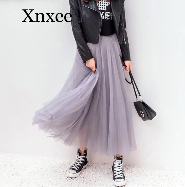 

chiffon Long Tulle Skirts Womens 2020 Summer Elastic High Waist Mesh Tutu Pleated Skirt Female Black White Gray Maxi Skirt