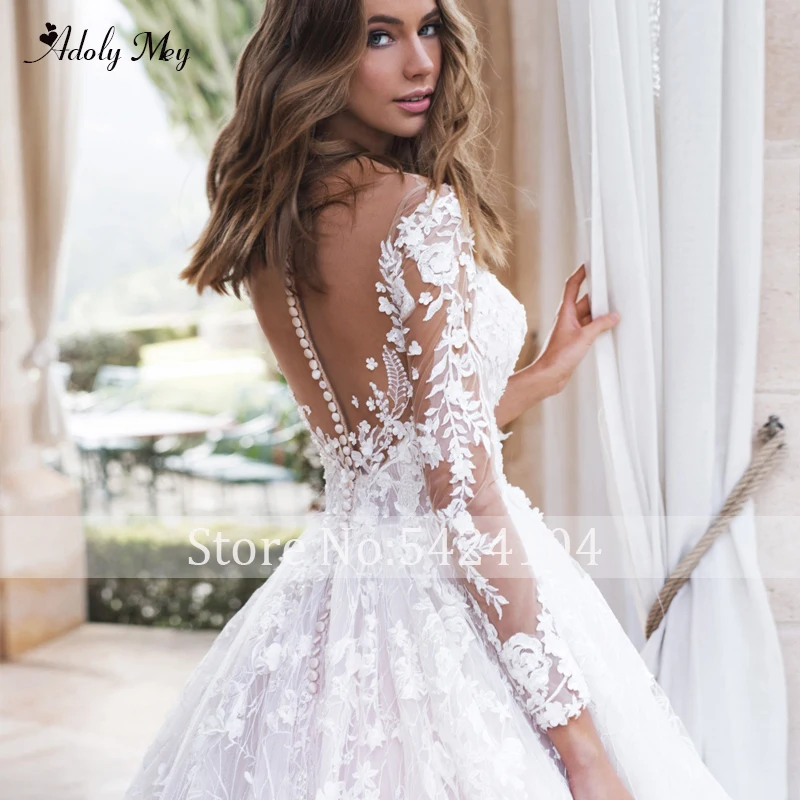 Adoly Mey Великолепное Кружевное Свадебное платье трапециевидной формы с аппликацией и длинным рукавом Роскошное винтажное платье невесты с глубоким вырезом и бусинами