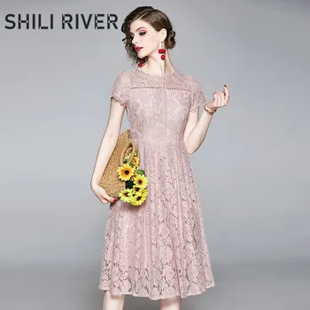 

2020 summer designer party dress for women short sleeve slim casual lace cut elegant knee length pleated full dresses pink blue