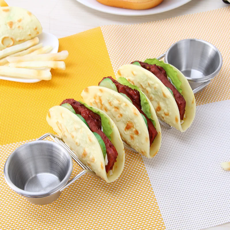 

Kitchen Taco Dessert Holders Stainless Steel Food Rack with Seasoning Cup Wave-Shaped Pizza Food Stand Taco Rack Display Rack