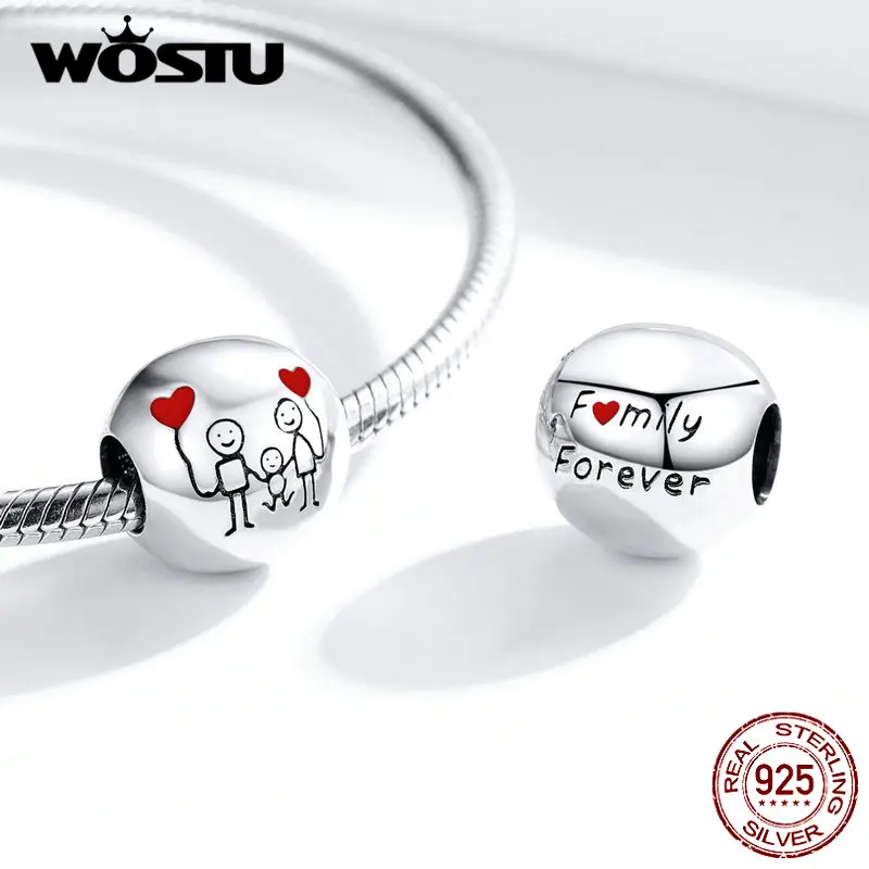 WOSTU Happy family, бусины, 925 пробы, серебро, My family, круглые подвески, подходят к оригинальному браслету, подвеске, сердцу, удача, ювелирное изделие CQC1339