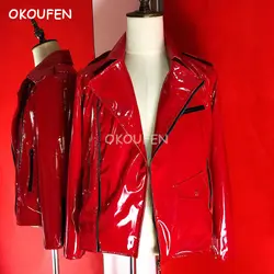 Модная Новая мужская красная куртка из лакированной кожи мотоциклетное панк кожаное пальто барный певец из ночного клуба Стадия DS костюм
