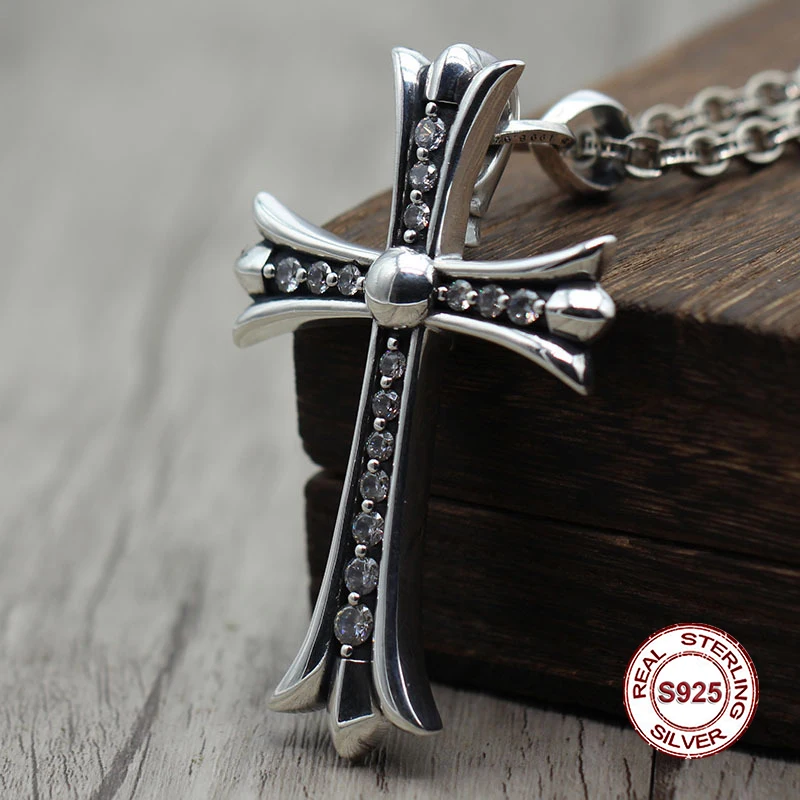 

Crosses S925 Sterling Silver Pendant Personalized Fashion Punk Retro Style Inlaid Ebony Cross Classic Gift Jewelry 2017 Real