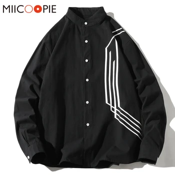 

2020 Plus Size Clothes Harajuku Stand Collar Long Sleeve Printed Men Casual Shirt Tops 100% Cotton Hawaiian Shirts Camisa Hombre