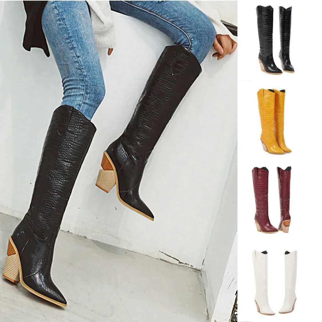 

Women's Crocodile Pattern Pointed Toe Embroidered Booties Sexy Long Tube Wedges Comfortable Western Rodeo Cowboy Boots Shoes