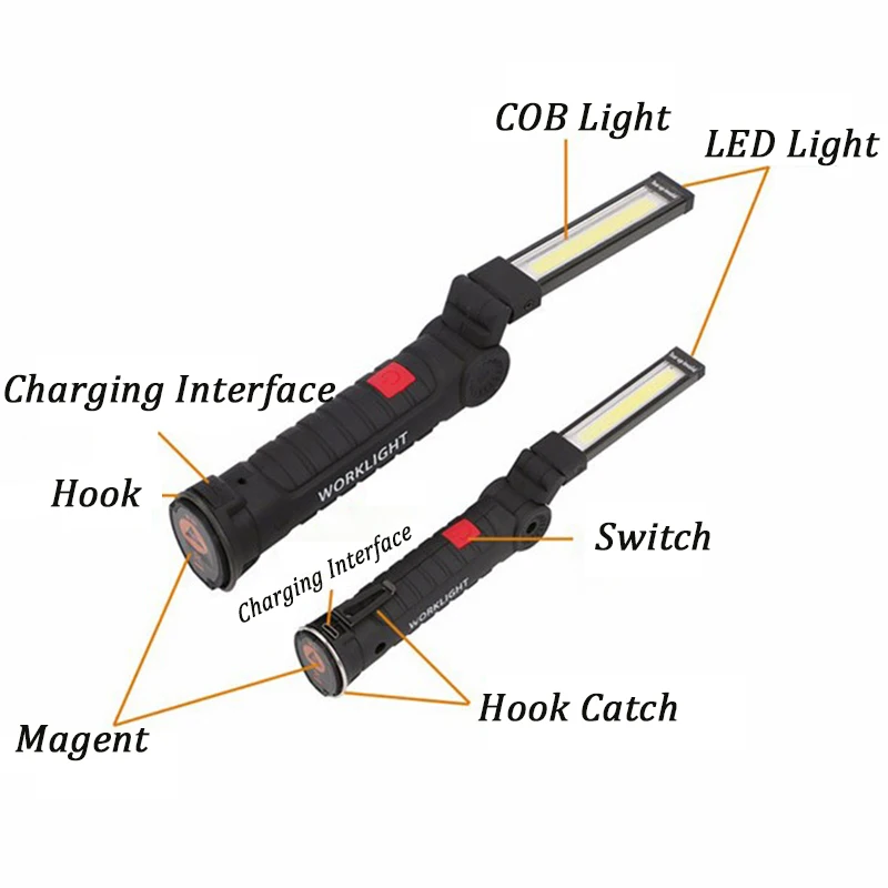 Светодиодный светильник-вспышка с ручкой cob, складной фонарь, ручной светильник-вспышка с нижним магнитом, встроенный аккумулятор, зарядка от USB