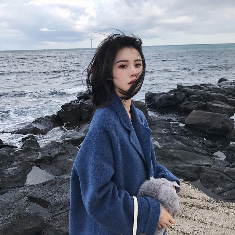 Осенне-зимнее шерстяное пальто женское корейское модное однобортное свободное шерстяное пальто женское элегантное теплое шерстяное пальто верхняя одежда - Цвет: dark blue