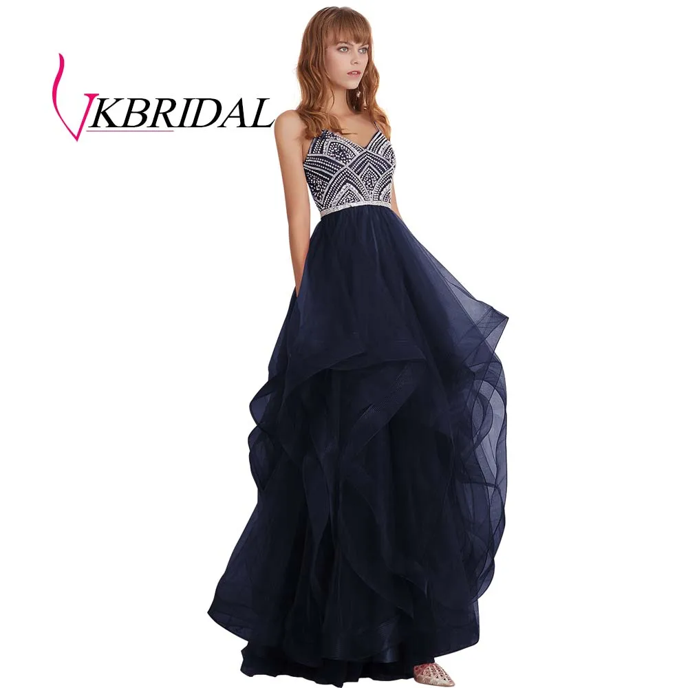Тёмно-синий VKBRIDAL красные многоуровневые тюлевые платья для выпускного вечера новые Бальные платья с бисером и кристаллами официальное длинное вечернее платье - Цвет: Тёмно-синий
