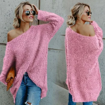 

2019 New Hot Fashion Women Autumn Winter One Shoulder Sweater Plus Size Loose Fit Plush Pullover Sweater свитер женский r H66