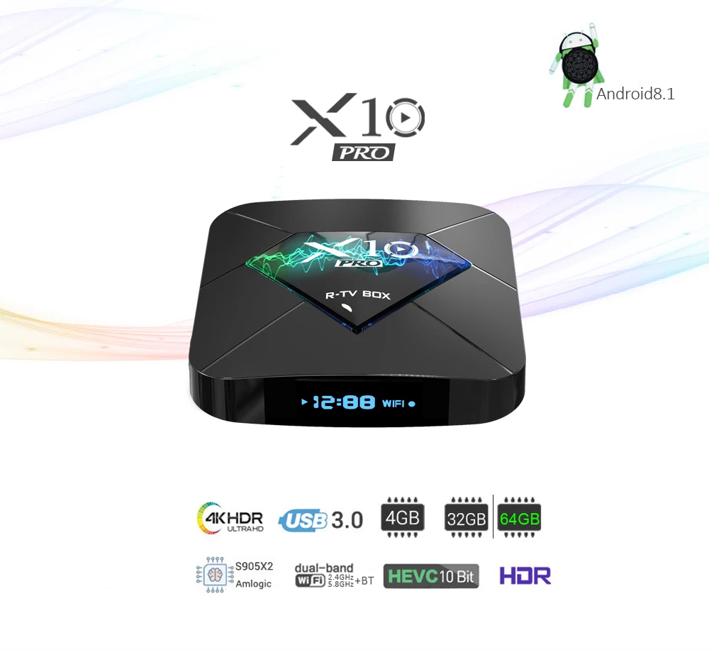 X10 Pro Smart TV Box Media Player Android 8.1 Amlogic S905 X2 4GB DDR4 64GB Max 2.4G/5G Dual WiFi USB3.0 BT4.0 4K H.265