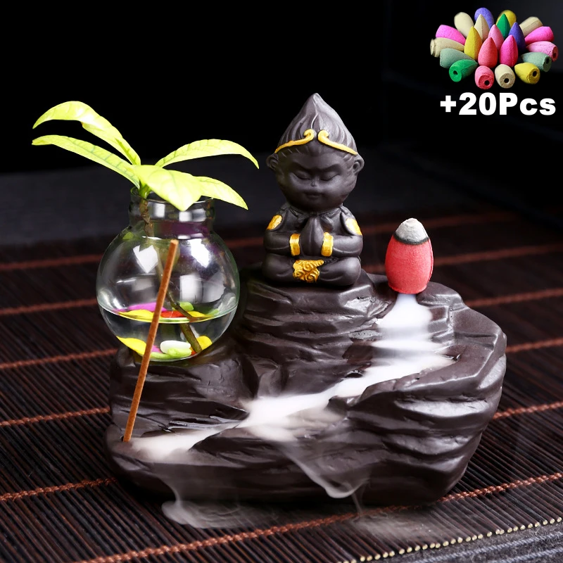 20 Incense Cones Backflow Incense Burner Monkey King Buddha Incense Censer Kungfu Tea Pet Hydroponic Glass Vase Flower Pot