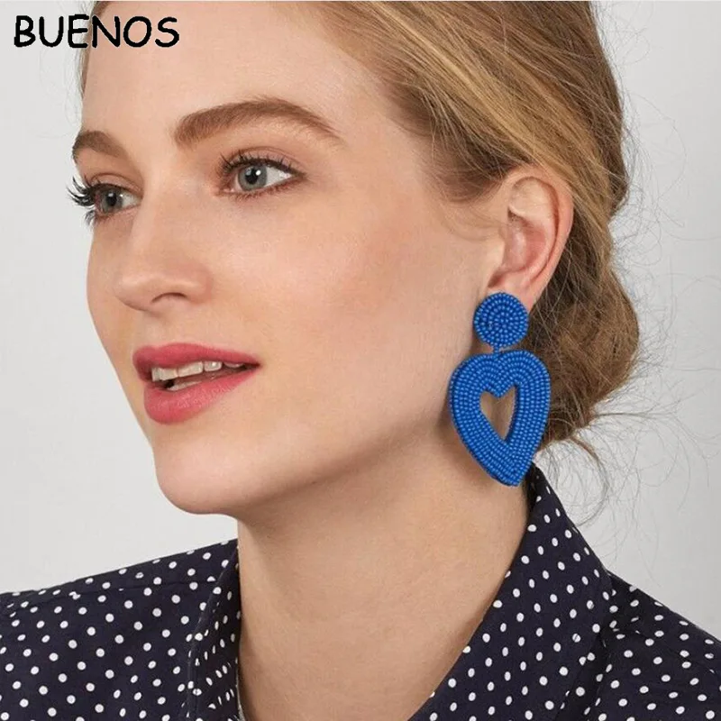 

BUENOS Trendy Women Big Statement Drop Earrings Boho Ethnic ZA 2019 Colorful Heart Dangle Drop Earrings Beads Jewelry Wedding