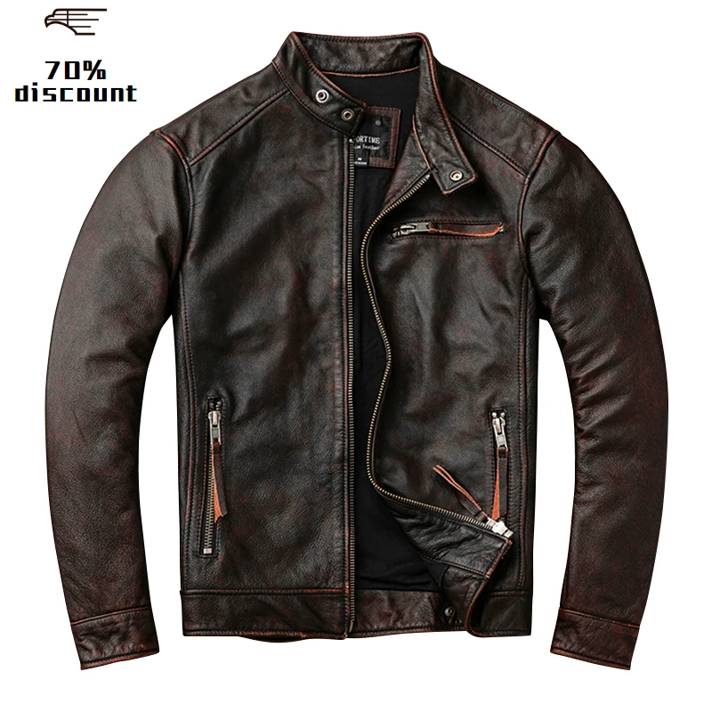 

2020 Vintage Brown Men Slim Fit Biker's Leather Jacket Plus Size XXXXXL Genuine Cowhide Autumn Motorcycle Leather Coat