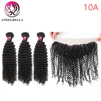 

Angelbella 10A Kinky Curly Weave With Closure Extra Professional Peruvian Low Porosity Human Hair Bundles With 13x4 Lace Frontal