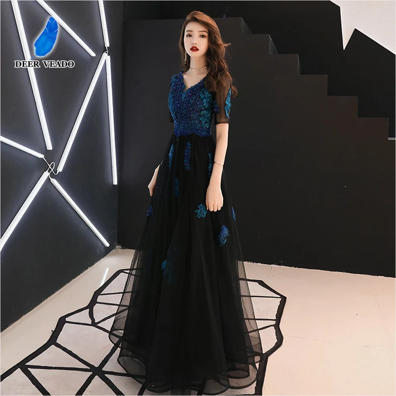 Женское вечернее платье с V образным вырезом аппликацией|Вечерние платья| |