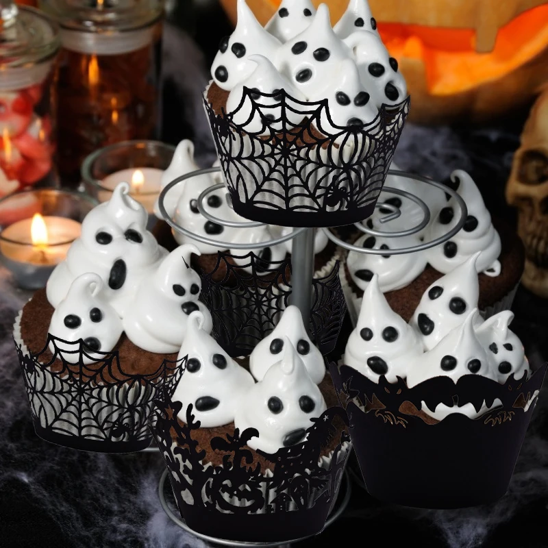 Livecitys Halloween Party Cake Cup 12Pcs Halloween Hollow Spider Web Pumpkin Paper Cake Cup Wrappers Decoration Black Bat## 