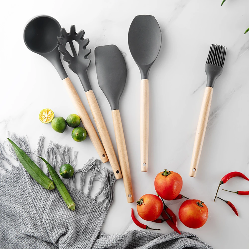 New 12pcs Khaki Silicone Kitchenware Utensils Set Non-stick Cookware  Spatula Egg Beaters Wooden Handle Kitchen Cooking Tool Set - Cooking Tool  Sets - AliExpress