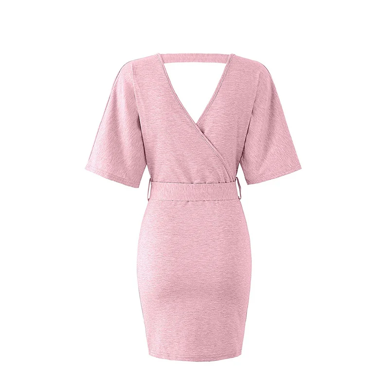 pink Сексуальное женское летнее платье с v-образным вырезом и коротким рукавом, шикарное переднее платье с перекрещивающимся вырезом на спине, кружевное платье Vestidos - Цвет: pink