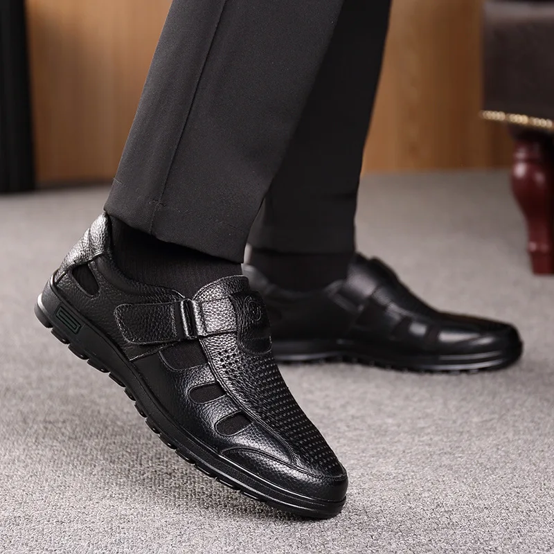 

Summer MEN'S Sandals Cowhide Breathable Hollow out Anti-slip Casual Middle-aged Dad Old Man Leather Shoes Genuine Leather Porous