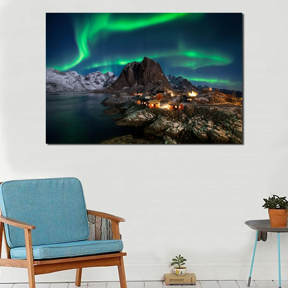 

Norway Island Sea Snow Mountains Aurora Landscape Wall Art Canvas Posters Prints Painting Wall Pictures Living Room Home Decor