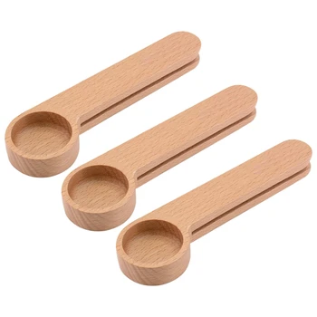 

Wooden Coffee Scoop and Bag Clip Measure Spoon 2-In-1 Bags Sealer Measuring Spoon for Beans,Espresso Coffee 3Pc